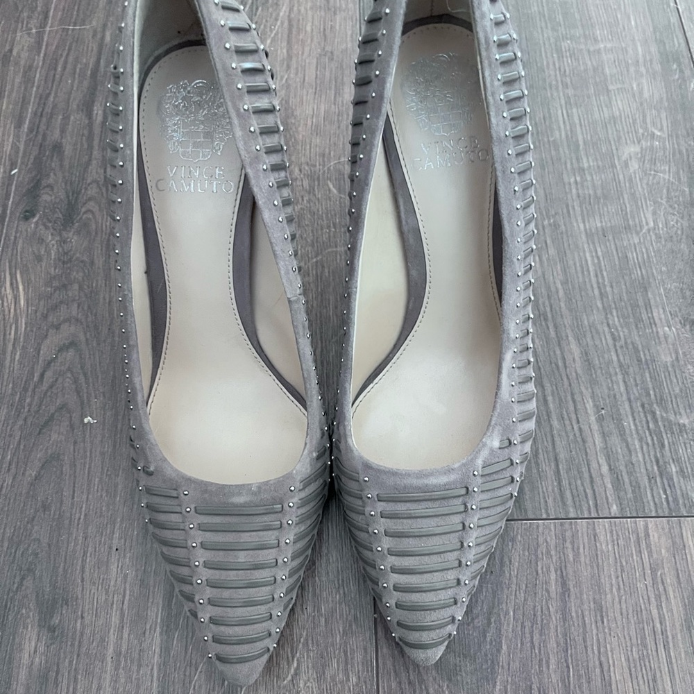 Vince Camuto Tan/Gray Pointed Toe Studded Suede Heels